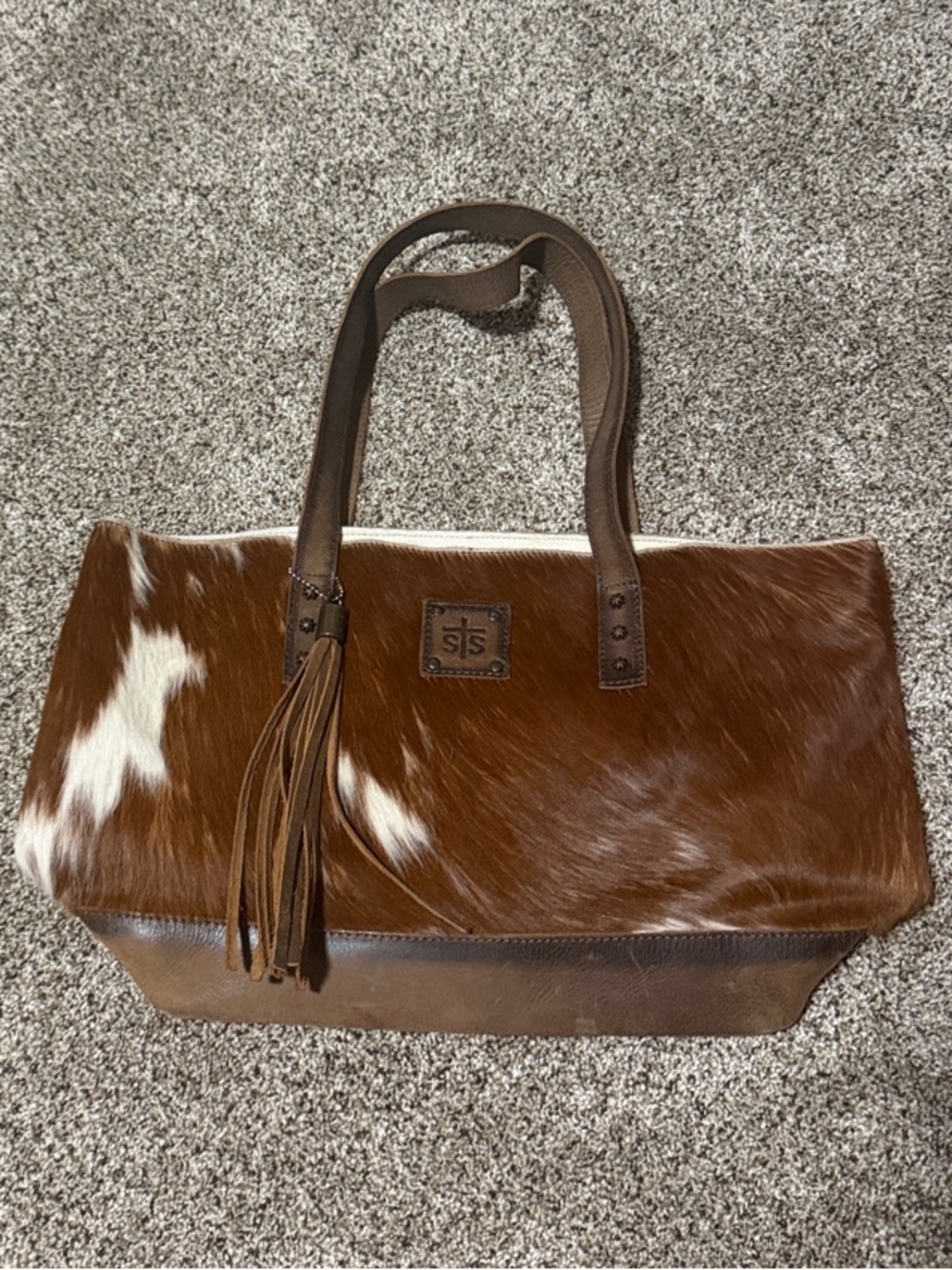 STS Ranchwear Brown and White Cowhide Tote with Tassel Accent
